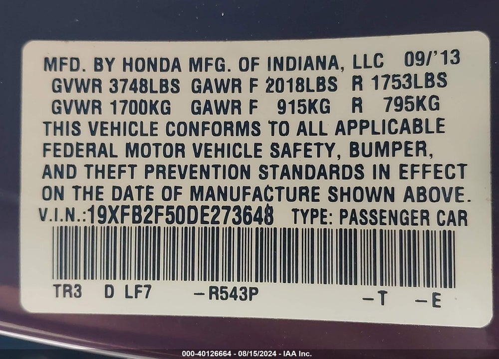 2013 HONDA CIVIC LX VIN: 19XFB2F50DE273648