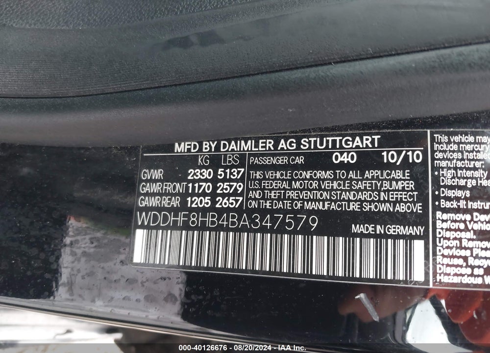2011 MERCEDES-BENZ E 350 4MATIC VIN: WDDHF8HB4BA347579