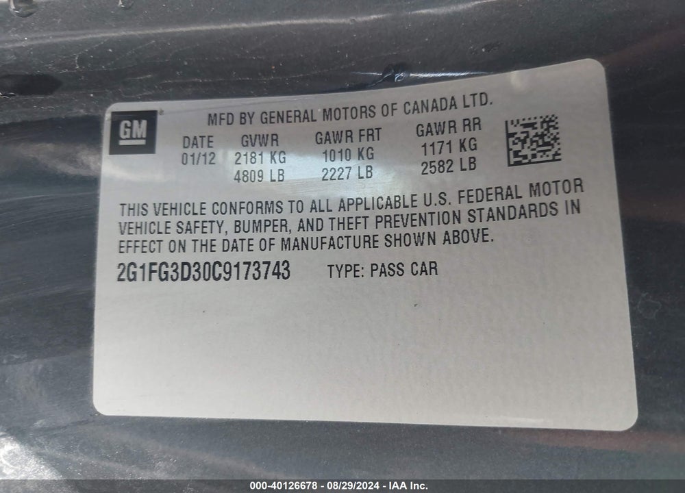 2012 CHEVROLET CAMARO 2LT VIN: 2G1FG3D30C9173743