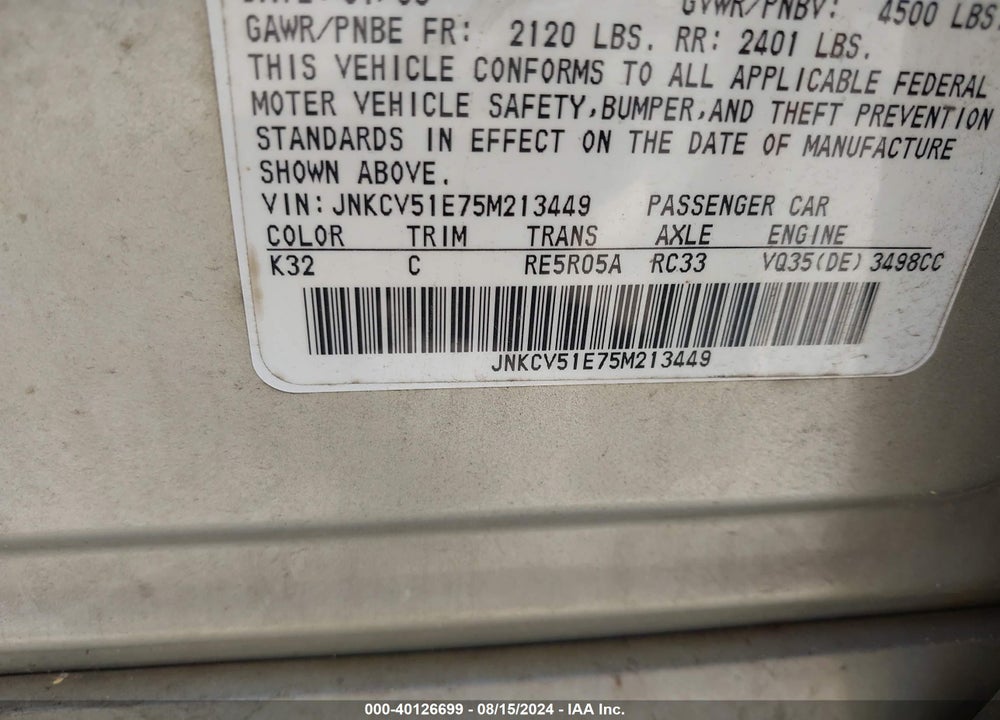 2005 INFINITI G35 VIN: JNKCV51E75M213449