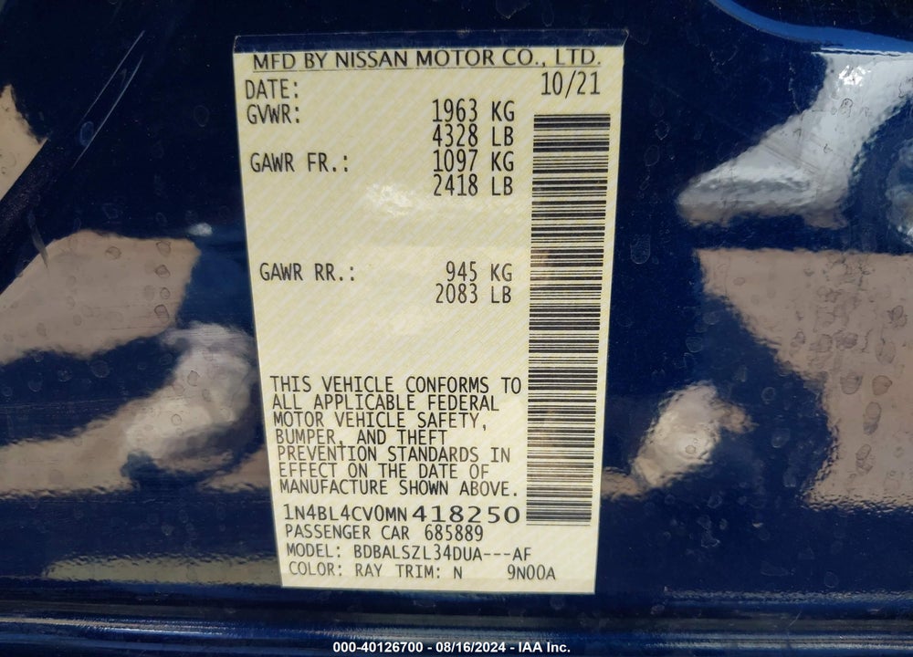 2021 NISSAN ALTIMA SR FWD VIN: 1N4BL4CV0MN418250