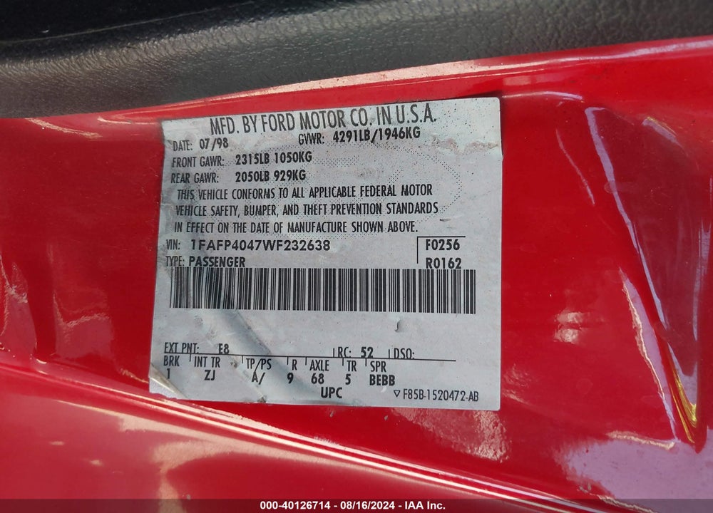 1998 FORD MUSTANG VIN: 1FAFP4047WF232638