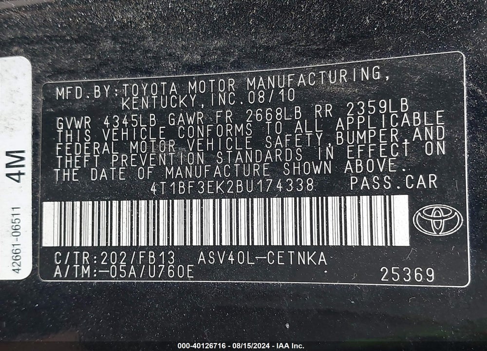 2011 TOYOTA CAMRY LE VIN: 4T1BF3EK2BU174338
