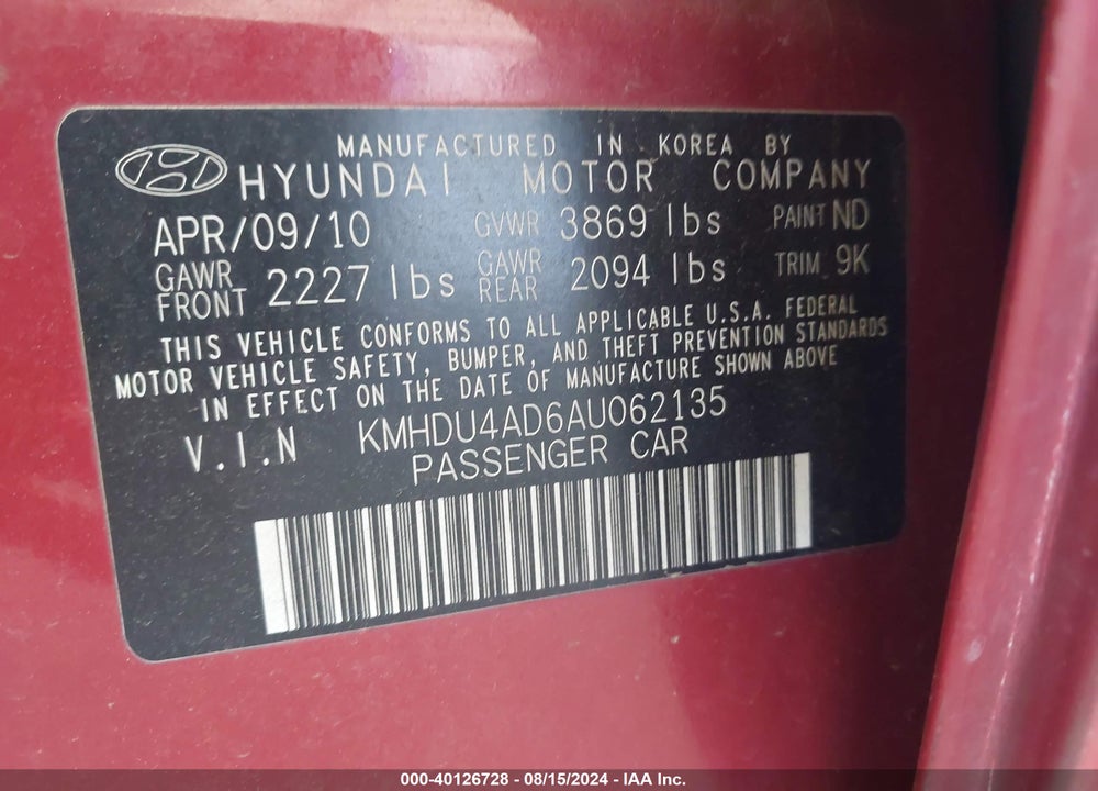 2010 HYUNDAI ELANTRA GLS VIN: KMHDU4AD6AU062135