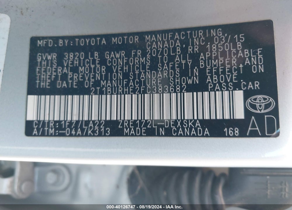 2015 TOYOTA COROLLA L/LE/LE PLUS/LE PREMIUM/S/S PLUS/S PREMIUM VIN: 2T1BURHE2FC383682