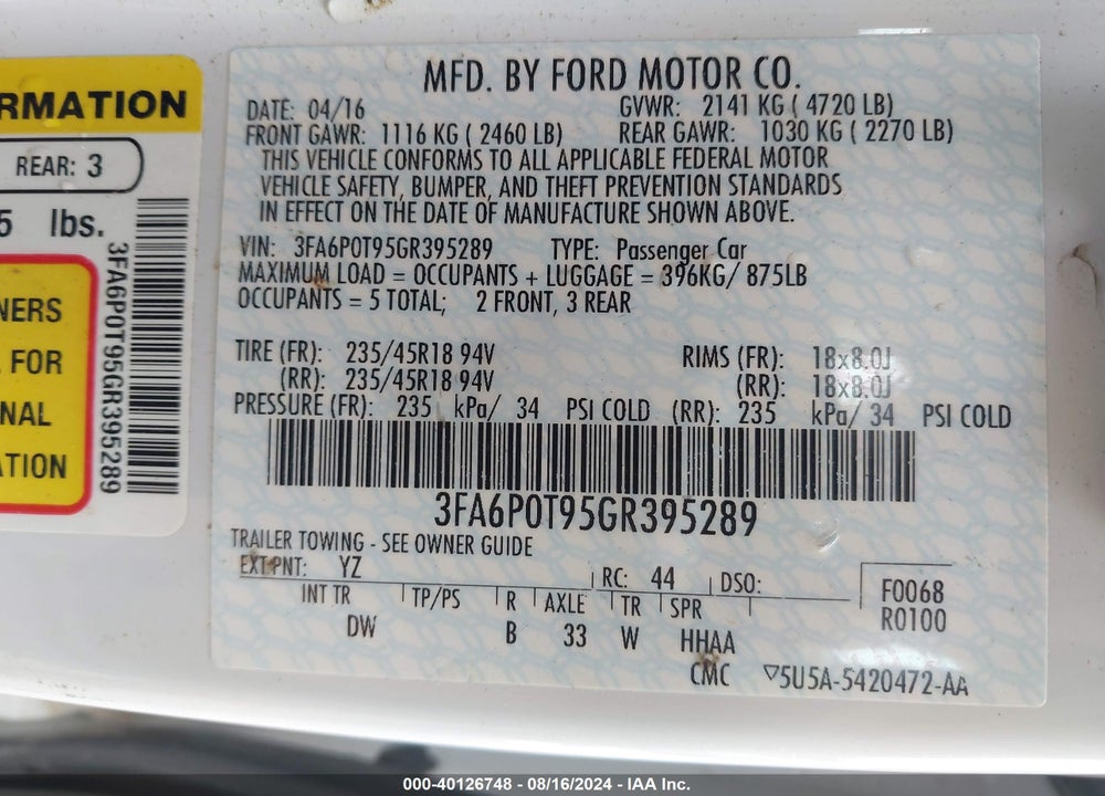 2016 FORD FUSION SE VIN: 3FA6P0T95GR395289