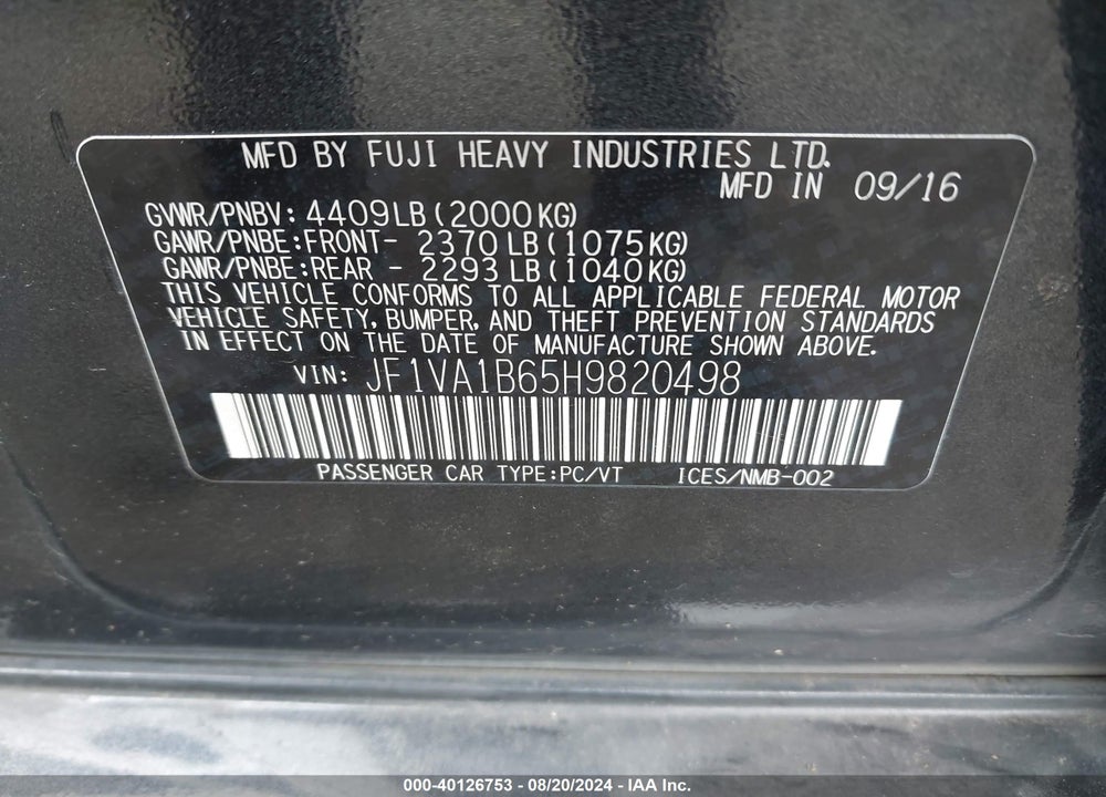2017 SUBARU WRX VIN: JF1VA1B65H9820498