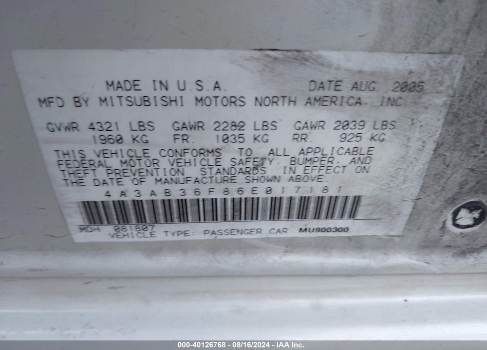 2006 MITSUBISHI GALANT ES/SE VIN: 4A3AB36F86E017181
