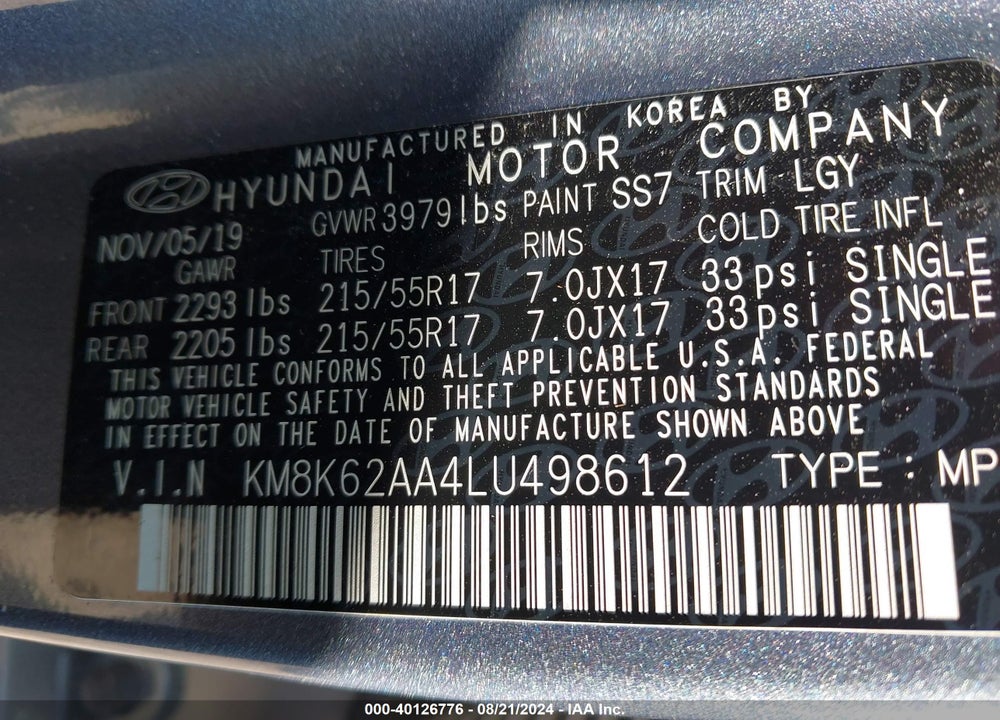 2020 HYUNDAI KONA SEL PLUS VIN: KM8K62AA4LU498612