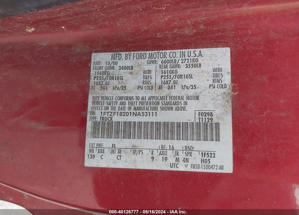 2001 FORD F-150 XL/XLT VIN: 1FTZF18201NA53111