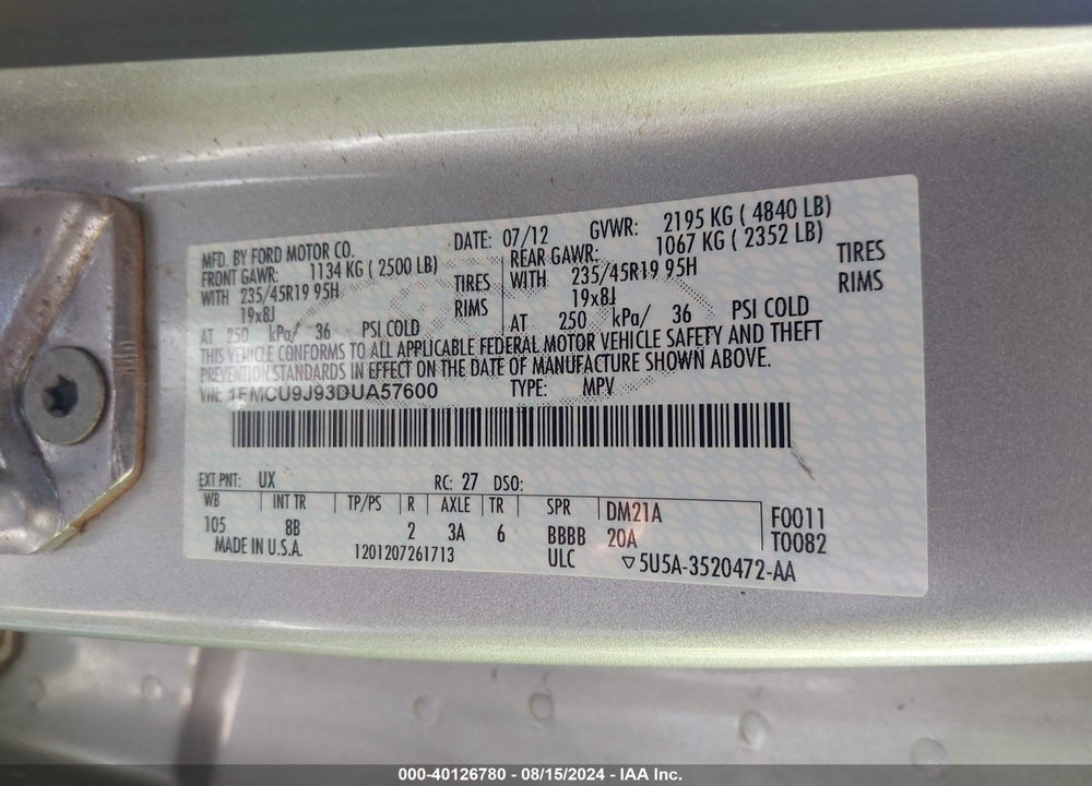 2013 FORD ESCAPE TITANIUM VIN: 1FMCU9J93DUA57600