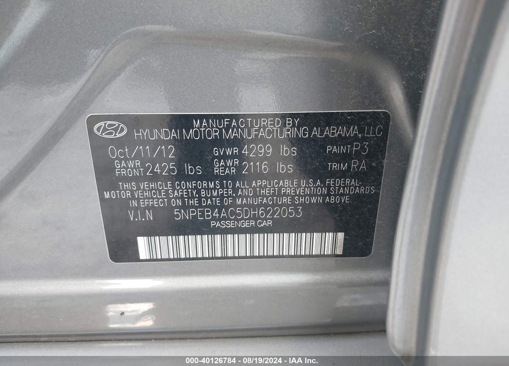 2013 HYUNDAI SONATA GLS VIN: 5NPEB4AC5DH622053