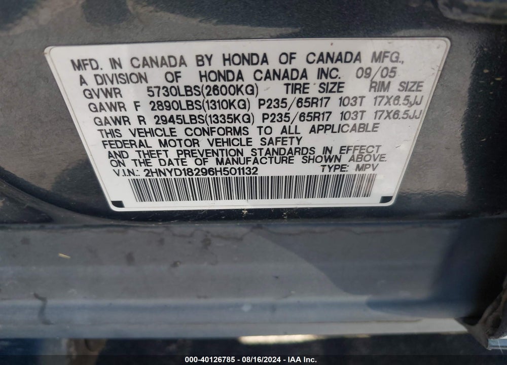 2006 ACURA MDX VIN: 2HNYD18296H501132