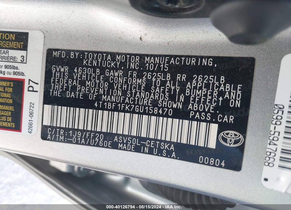 2016 TOYOTA CAMRY SE VIN: 4T1BF1FK7GU158470