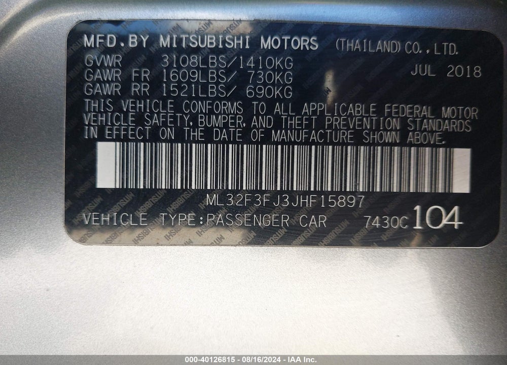 2018 MITSUBISHI MIRAGE G4 ES VIN: ML32F3FJ3JHF15897