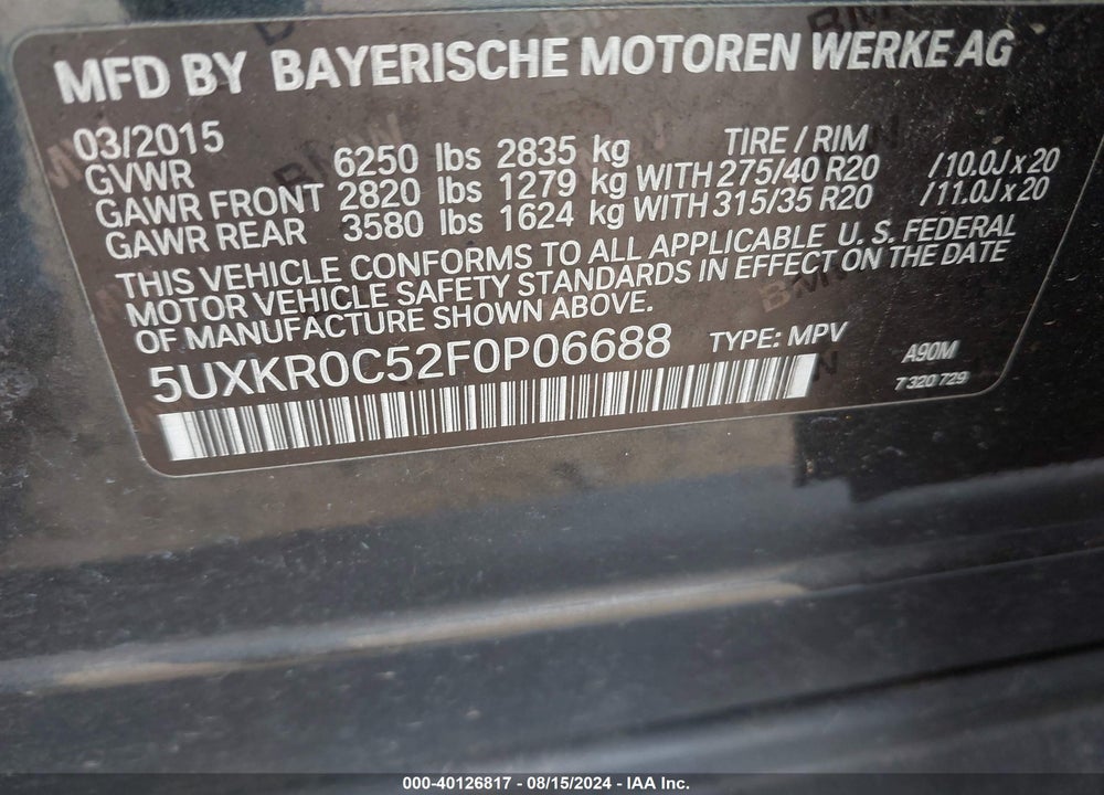 2015 BMW X5 XDRIVE35I VIN: 5UXKR0C52F0P06688