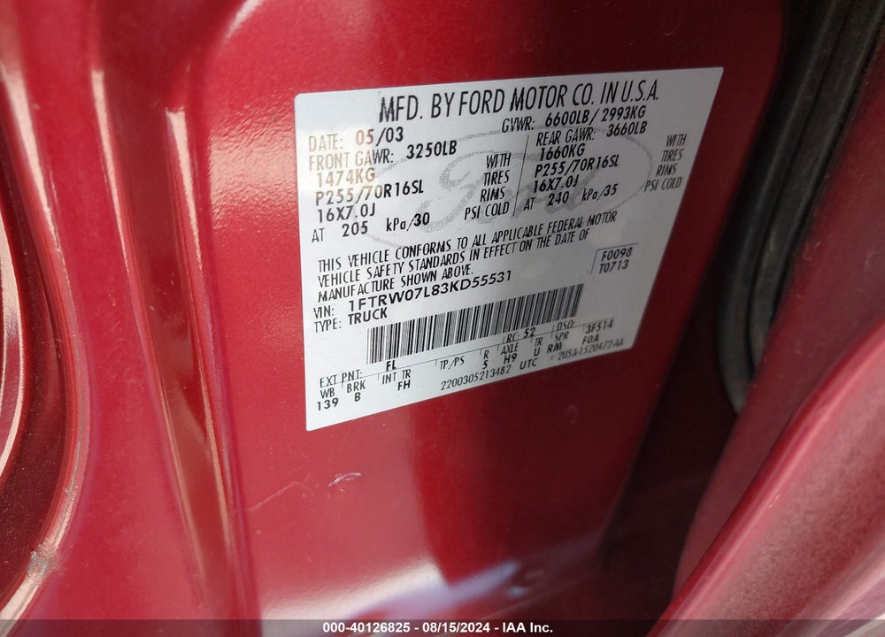 2003 FORD F-150 LARIAT/XLT VIN: 1FTRW07L83KD55531