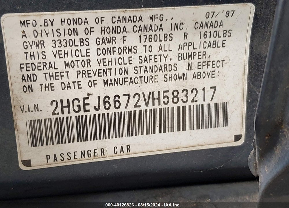 1997 HONDA CIVIC LX VIN: 2HGEJ6672VH583217