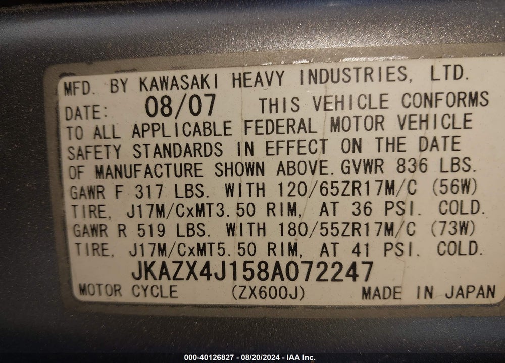 2008 KAWASAKI ZX600 J1 VIN: JKAZX4J158A072247