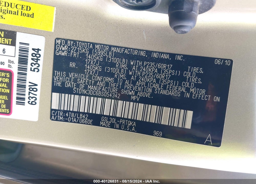 2011 TOYOTA SIENNA VIN: 5TDYK3DC6BS054342