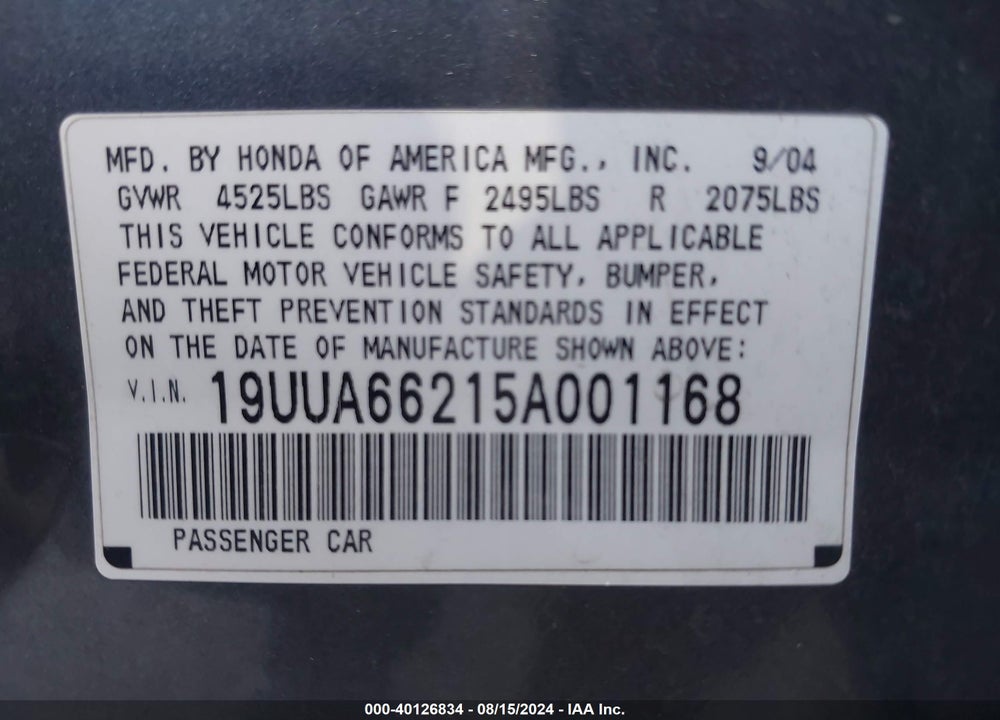 2005 ACURA TL VIN: 19UUA66215A001168