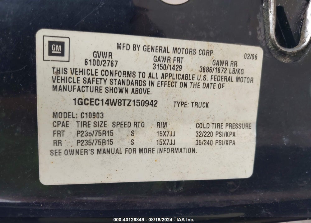 1996 CHEVROLET GMT-400 C1500 VIN: 1GCEC14W8TZ150942