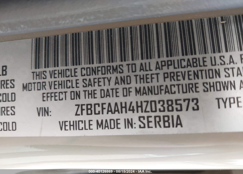 2017 FIAT 500L POP VIN: ZFBCFAAH4HZ038573