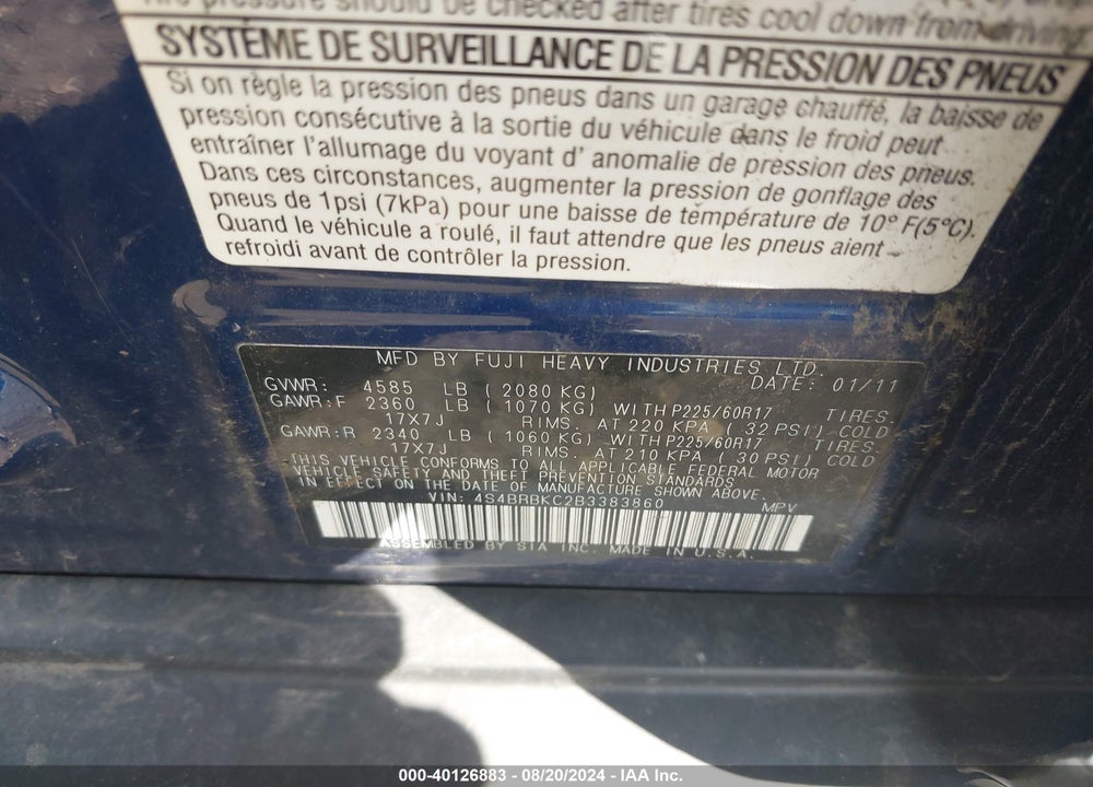 2011 SUBARU OUTBACK 2.5I LIMITED VIN: 4S4BRBKC2B3383860