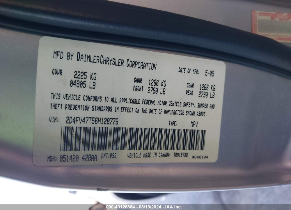 2006 DODGE MAGNUM VIN: 2D4FV47T56H128776