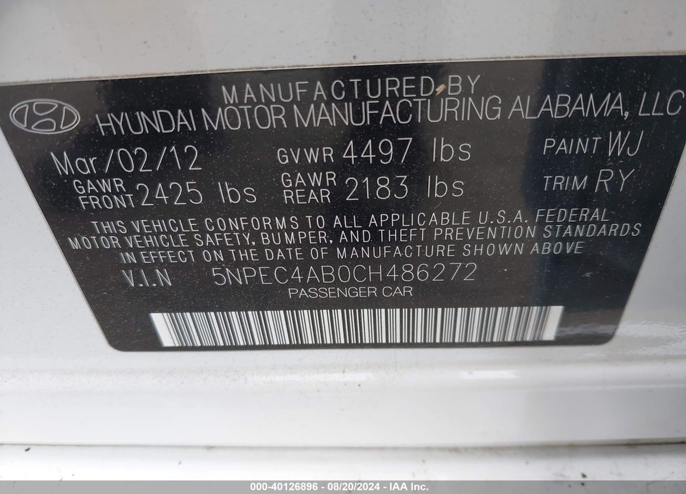 2012 HYUNDAI SONATA SE 2.0T VIN: 5NPEC4AB0CH486272
