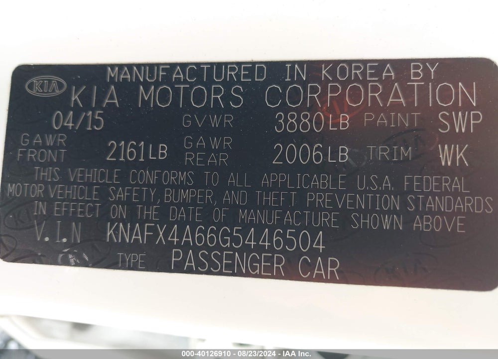 2016 KIA FORTE LX VIN: KNAFX4A66G5446504