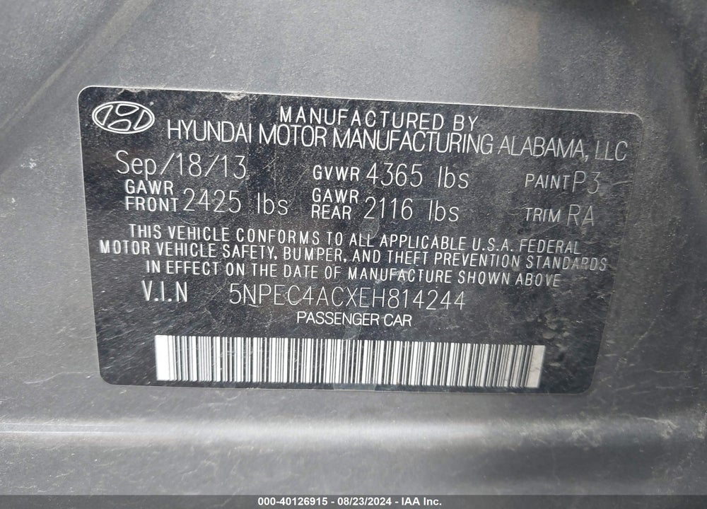 2014 HYUNDAI SONATA SE VIN: 5NPEC4ACXEH814244