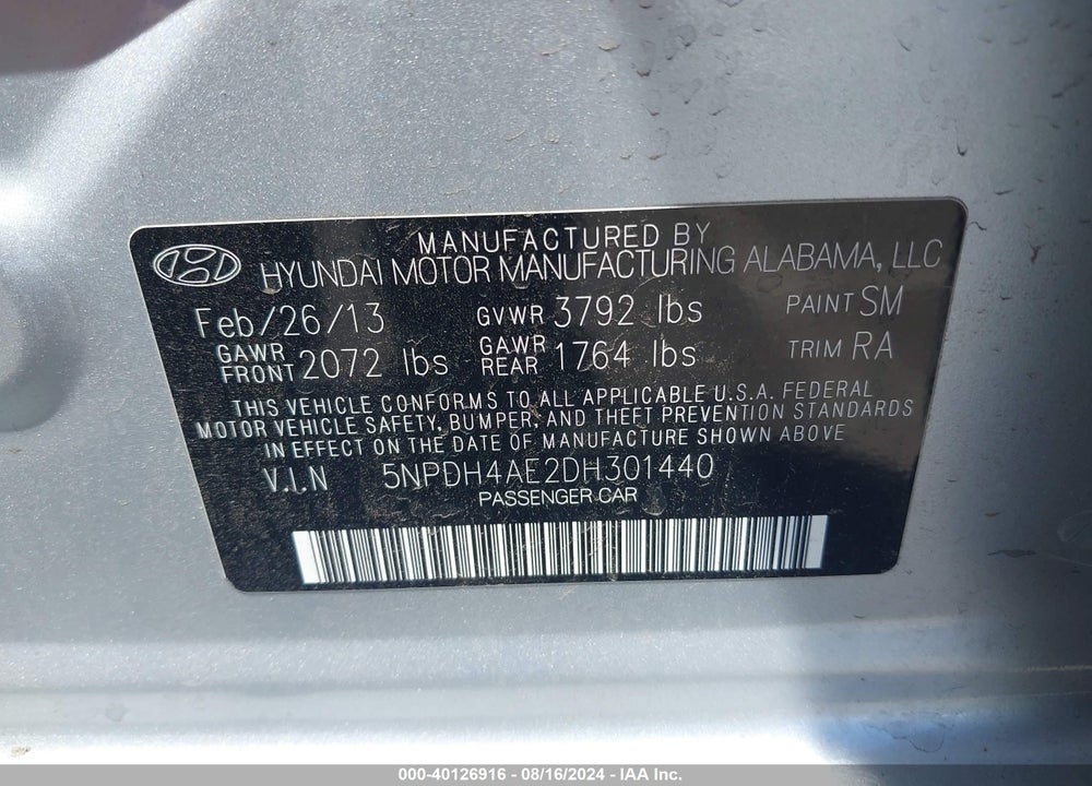 2013 HYUNDAI ELANTRA GLS VIN: 5NPDH4AE2DH301440