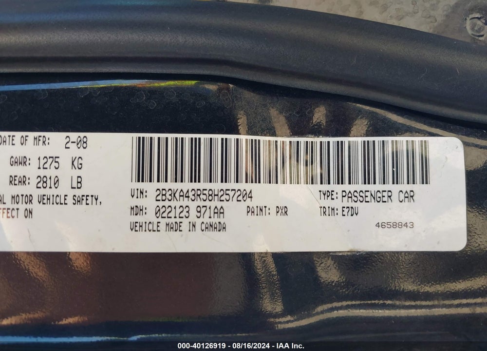 2008 DODGE CHARGER VIN: 2B3KA43R58H257204