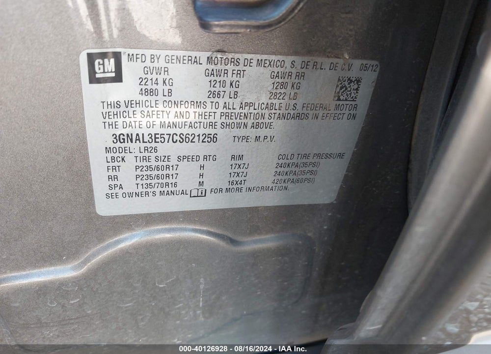 2012 CHEVROLET CAPTIVA SPORT LT VIN: 3GNAL3E57CS621256