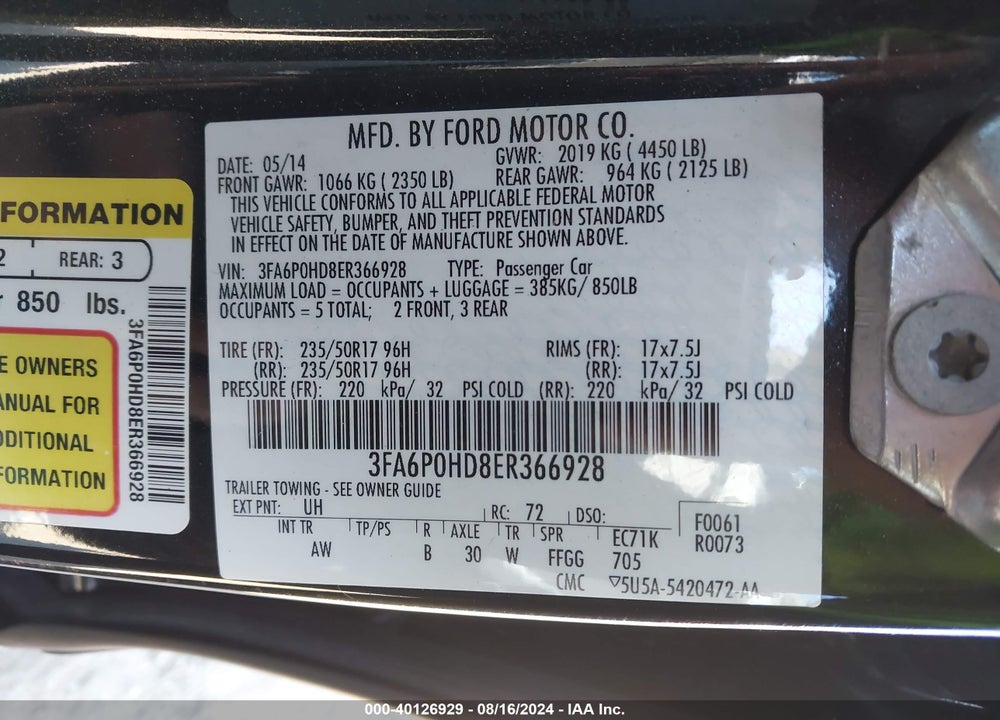 2014 FORD FUSION SE VIN: 3FA6P0HD8ER366928