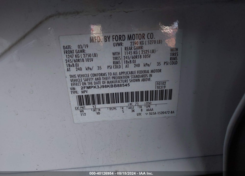 2019 FORD EDGE SEL VIN: 2FMPK3J98KBB88545