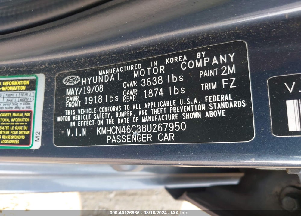 2008 HYUNDAI ACCENT GLS VIN: KMHCN46C38U267950