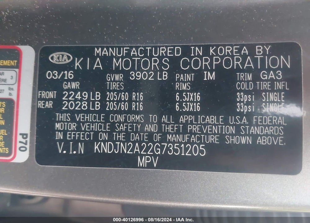2016 KIA SOUL VIN: KNDJN2A22G7351205