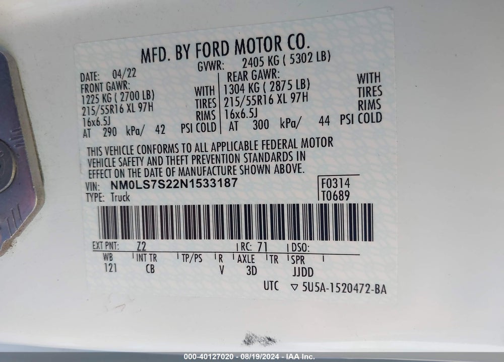 2022 FORD TRANSIT CONNECT XL VIN: NM0LS7S22N1533187