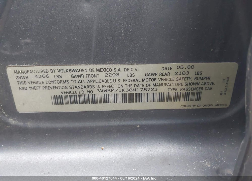 2008 VOLKSWAGEN JETTA SE/SEL VIN: 3VWRM71K38M178723