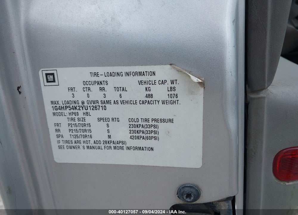 2000 BUICK LESABRE CUSTOM VIN: 1G4HP54K2YU126710