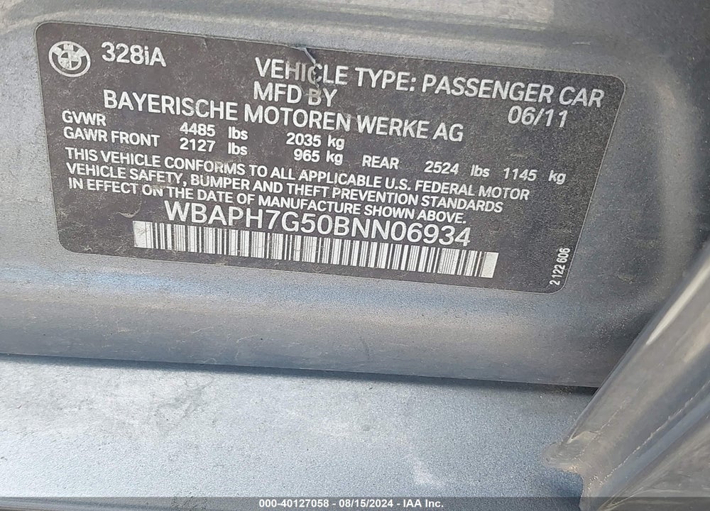 2011 BMW 328I VIN: WBAPH7G50BNN06934
