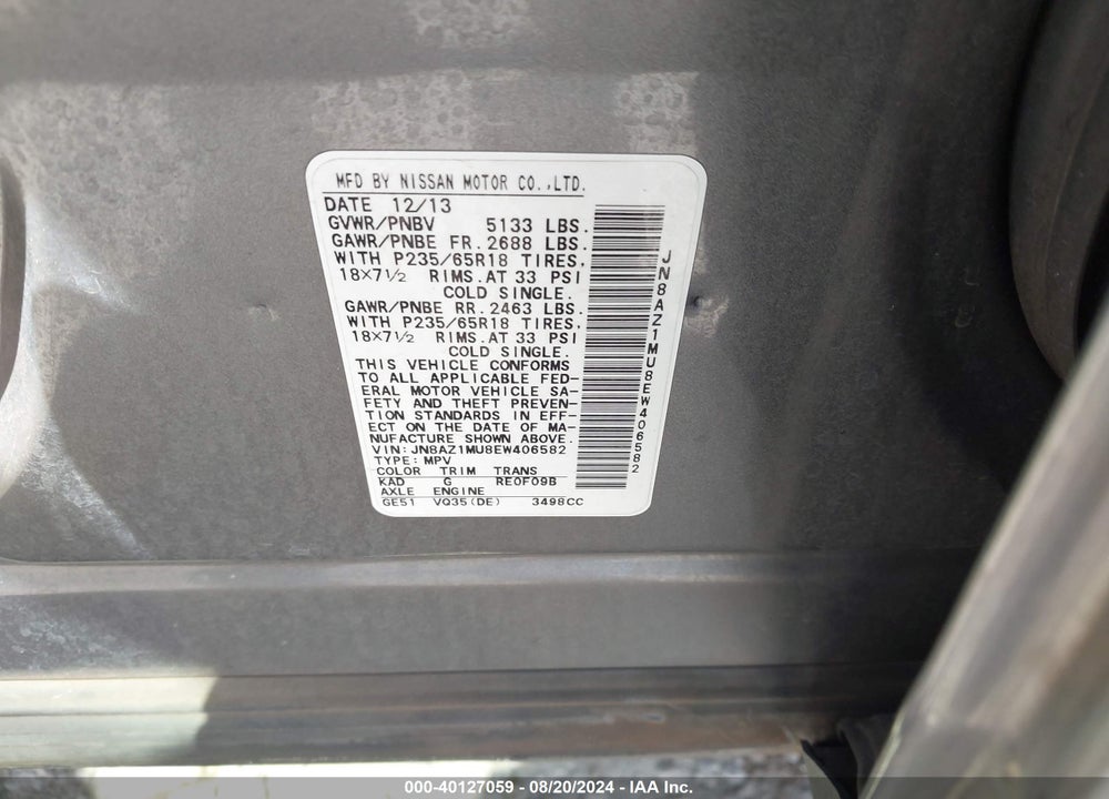 2014 NISSAN MURANO LE/S/SL/SV VIN: JN8AZ1MU8EW406582