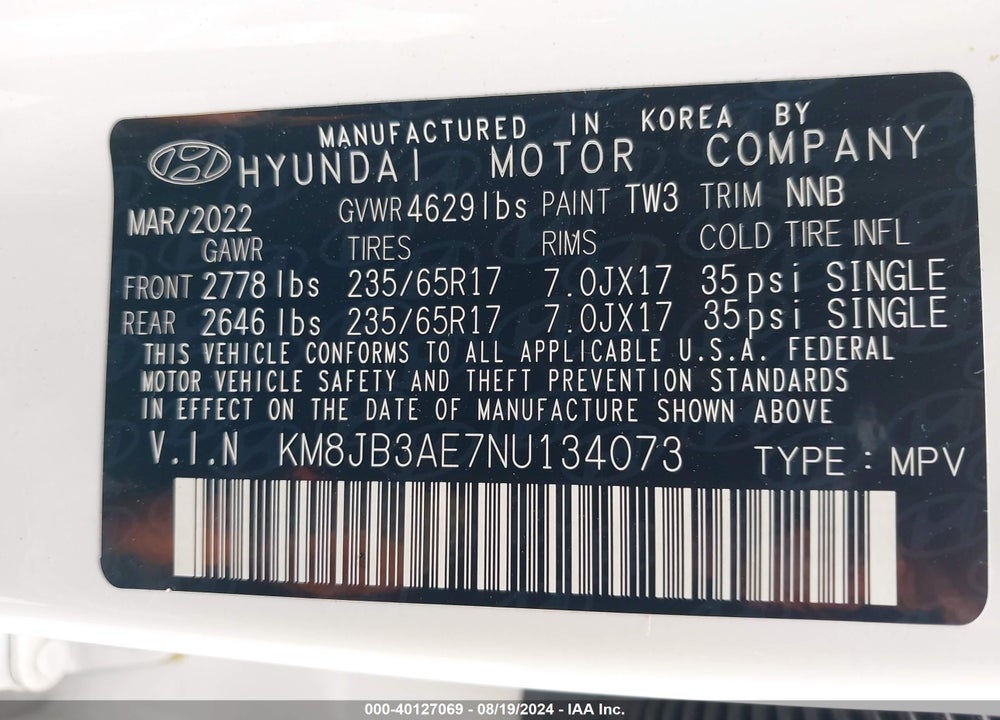 2022 HYUNDAI TUCSON SEL VIN: KM8JB3AE7NU134073