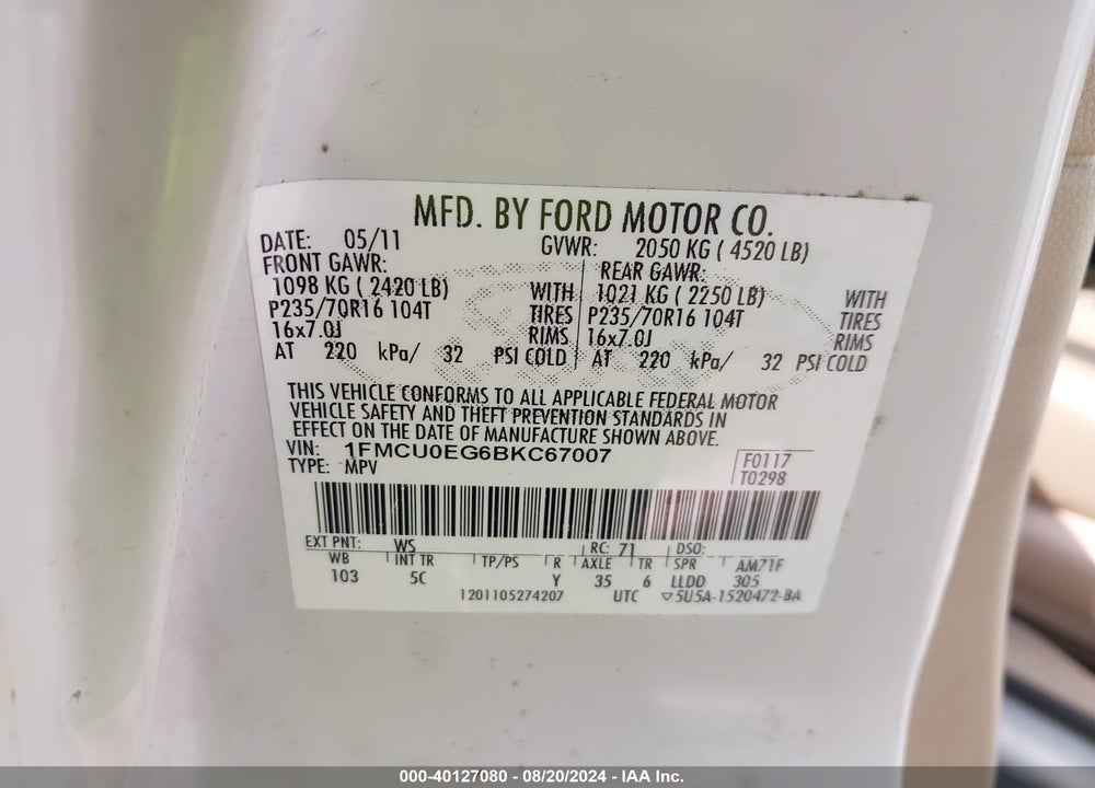 2011 FORD ESCAPE LIMITED VIN: 1FMCU0EG6BKC67007