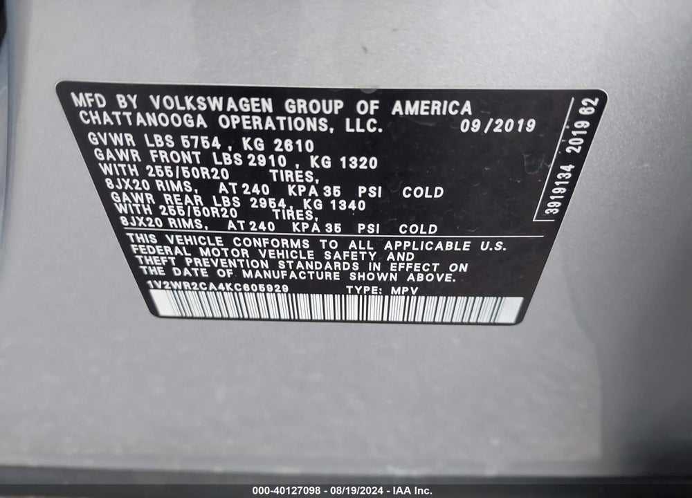 2019 VOLKSWAGEN ATLAS 3.6L V6 SE W/TECHNOLOGY VIN: 1V2WR2CA4KC605929