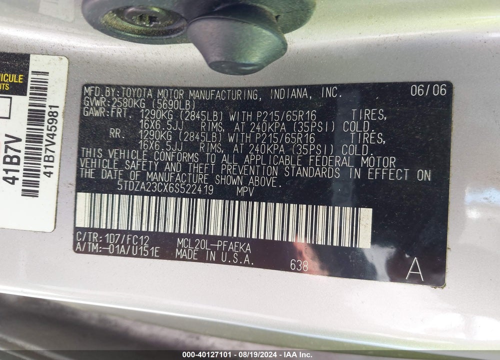 2006 TOYOTA SIENNA LE VIN: 5TDZA23CX6S522419