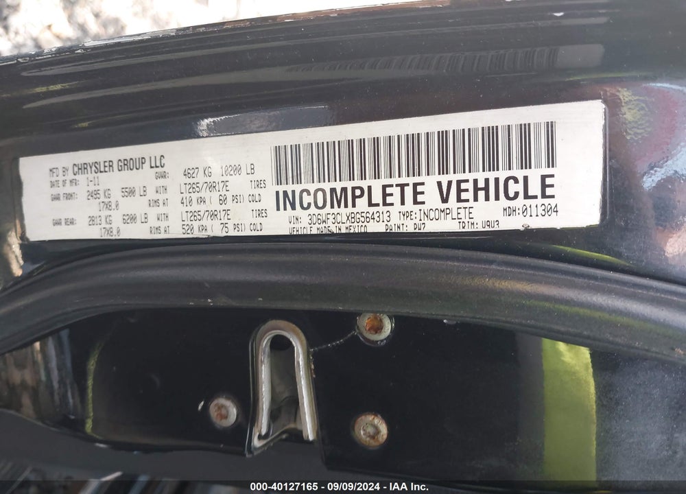 2011 RAM 3500 HD CHASSIS ST/SLT/LAIE VIN: 3D6WF3CLXBG564313