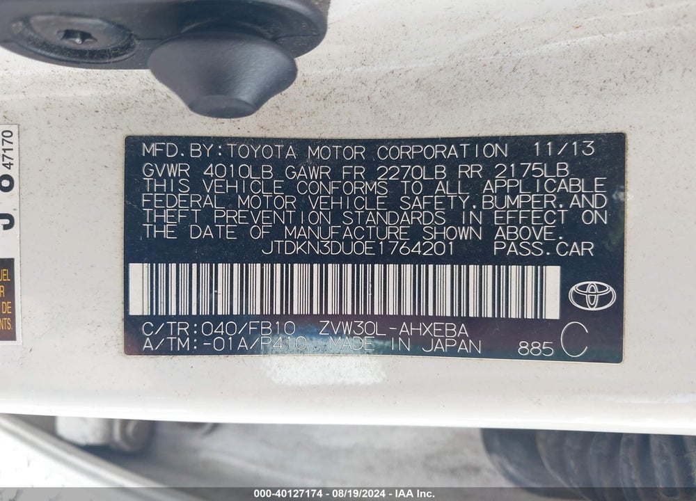 2014 TOYOTA PRIUS TWO VIN: JTDKN3DU0E1764201